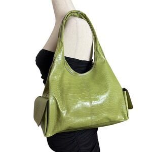 Villager Liz Claiborne Lime Green Croc Embossed Hobo Shoulder Bag Y2K Glossy